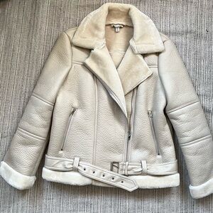 TOPSHOP Cream Teddy Faux Leather Jacket with Lapel and Collar